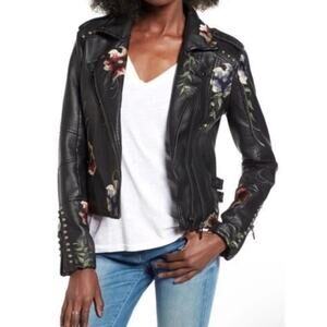 Blanknyc Floral Floral Embroidered Studded Faux Leather Moto Jacket Black M